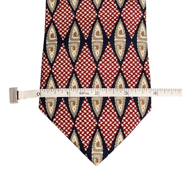 Harken Ltd 100% Silk Tie Red/Navy Geometric Diamond Medallion - Picture 6 of 7